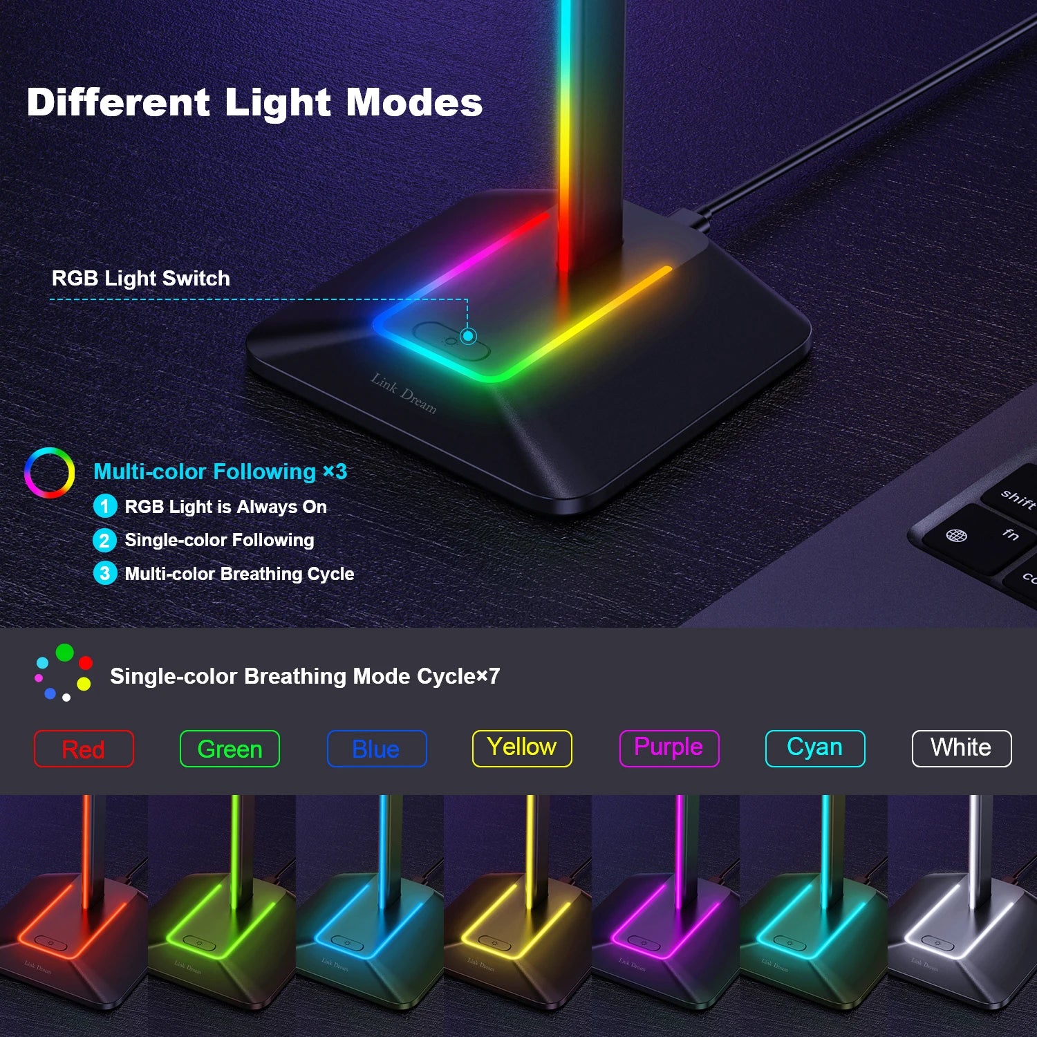 RGB Headphones Stand Holder with 2 USB Ports