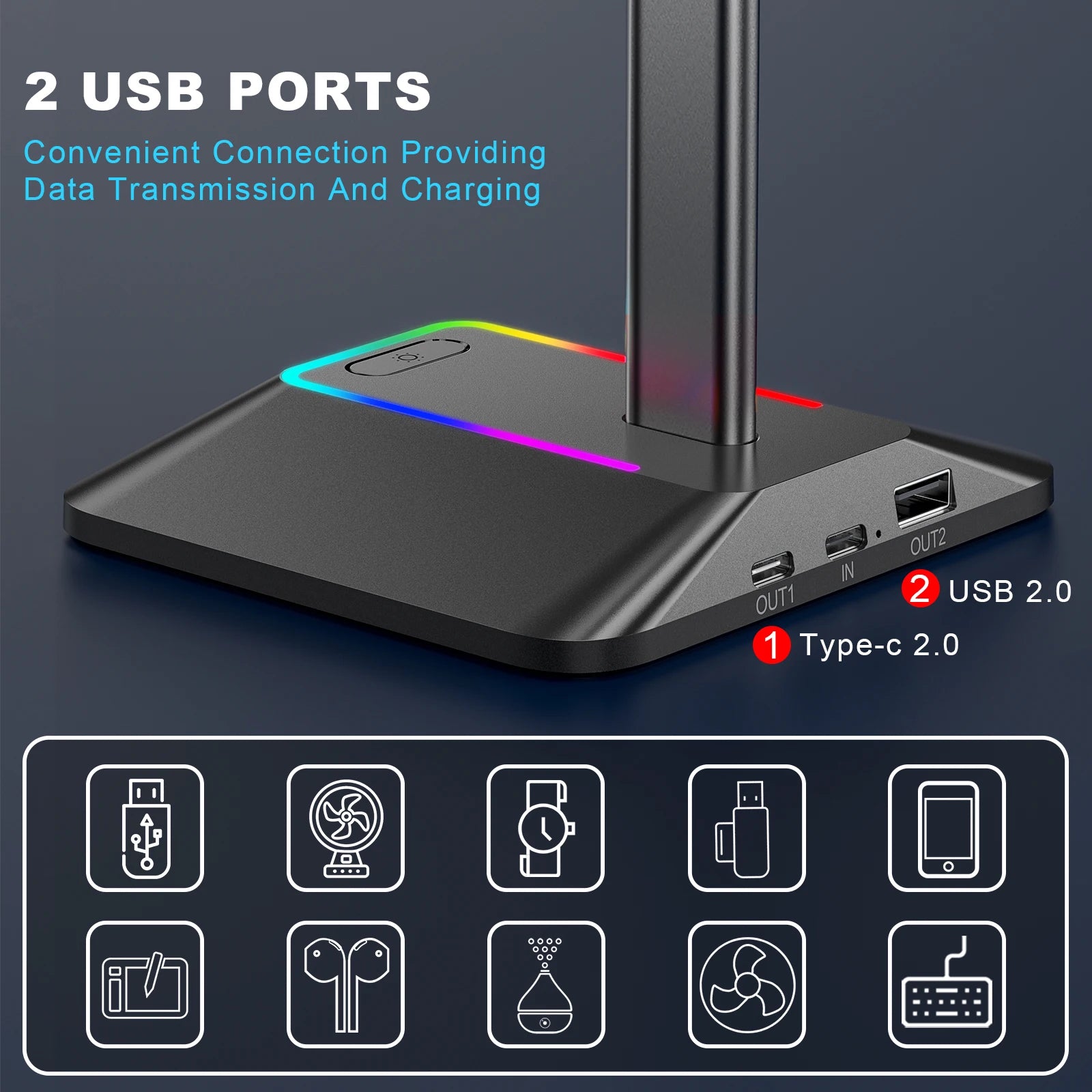 RGB Headphones Stand Holder with 2 USB Ports