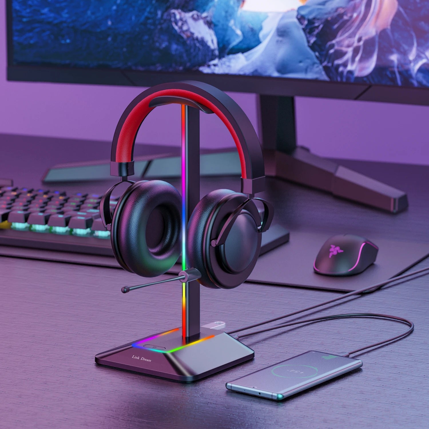 RGB Headphones Stand Holder with 2 USB Ports